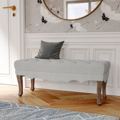 Beige Vintage Linen Bench with Rubberwood Legs