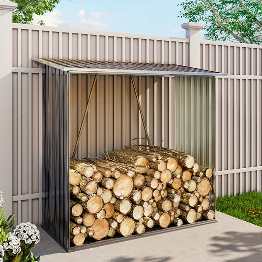 Garden Outdoor Grey Metal Firewood Log Storage Shed