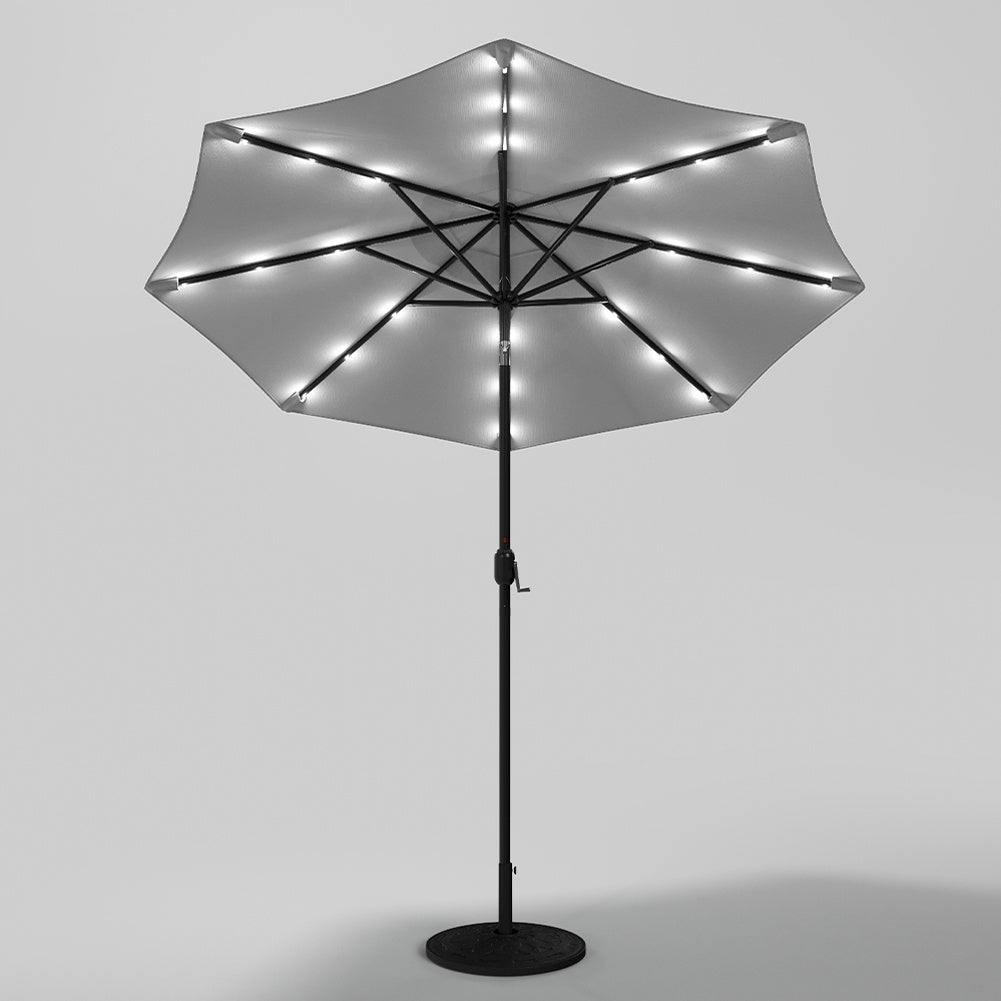 3M Large Garden LED Parasol Outdoor Beach Umbrella with Light Sun Shade Crank Tilt with 10KG Round Base, Light Grey