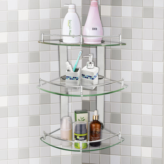 3-Tier Corner Shower Caddy with Tempered Glass 20x20cm